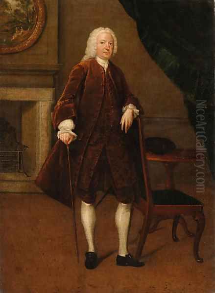 Portrait of a gentleman, full-length, in a brown coat and waistcoat, his left arm resting on a chair, his right hand holding a cane, in an interior Oil Painting by Arthur Devis