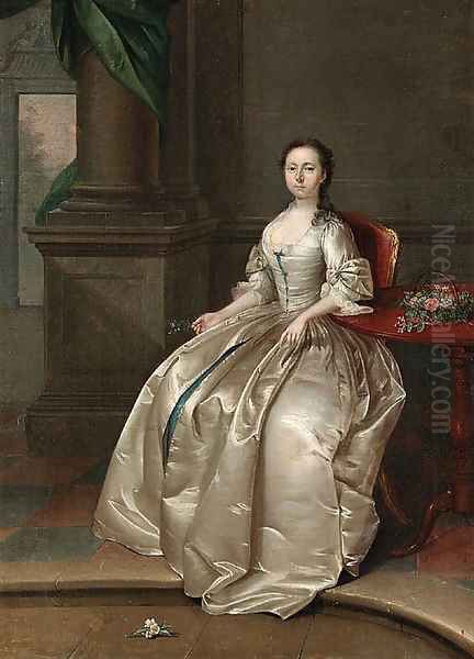 Portrait of a Lady, full-length, seated in a white satin dress, beside a table with a basket of flowers, a sprig of orange blossom in her right hand Oil Painting by Arthur Devis