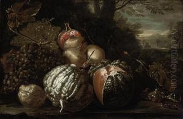 Grapes, A Lemon, Pomegranates, Melons And Figs On A Mossy Bank, Alandscape Beyond Oil Painting by Michele Pace Del (Michelangelo di) Campidoglio