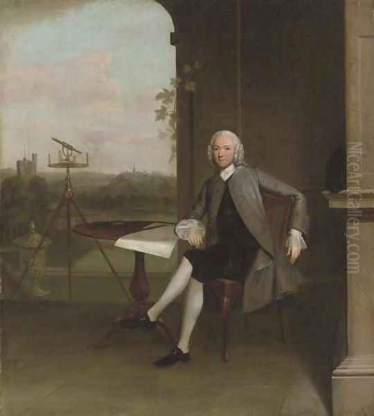 Portrait of Jonas Hanway, small full-length, seated at a table, beside a surveyor's theodolite and a classical urn, overlooking a landscape Oil Painting by Arthur Devis