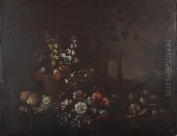 A Still Life Of Assorted Fruit And Flowers On A Ledge Oil Painting by Michele Pace Del (Michelangelo di) Campidoglio