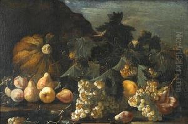 A Pumpkin, Grapes And Pears On A Table Top Before An Open Landscape Oil Painting by Michele Pace Del (Michelangelo di) Campidoglio