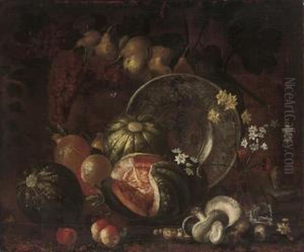 Narcissi And Carnations In A 
Glass Vase, A Blue And White Porcelain Plate, Mushrooms, Melons, Apples 
And Other Fruit Oil Painting by Michele Pace Del (Michelangelo di) Campidoglio