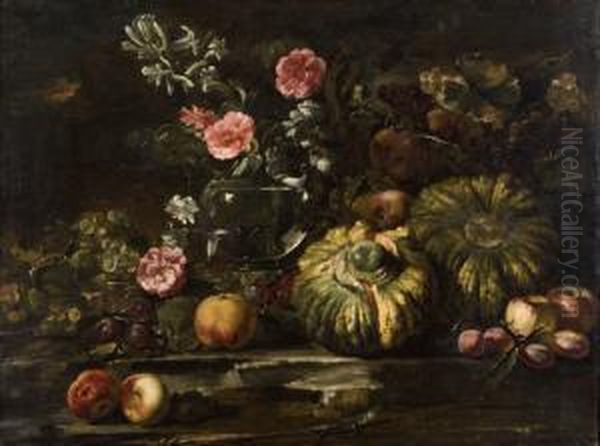 Uve, Mele, Pesche, Zucche, Tuberose E Rose In Un Vaso Dicristallo Oil Painting by Michele Pace Del (Michelangelo di) Campidoglio