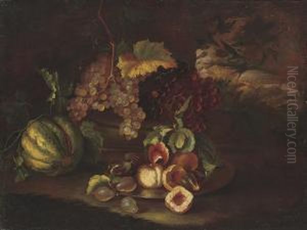 Grapes On The Vine, Peaches, Figs, Pears And A Melon, By A Column, In A Landscape Oil Painting by Michele Pace Del (Michelangelo di) Campidoglio