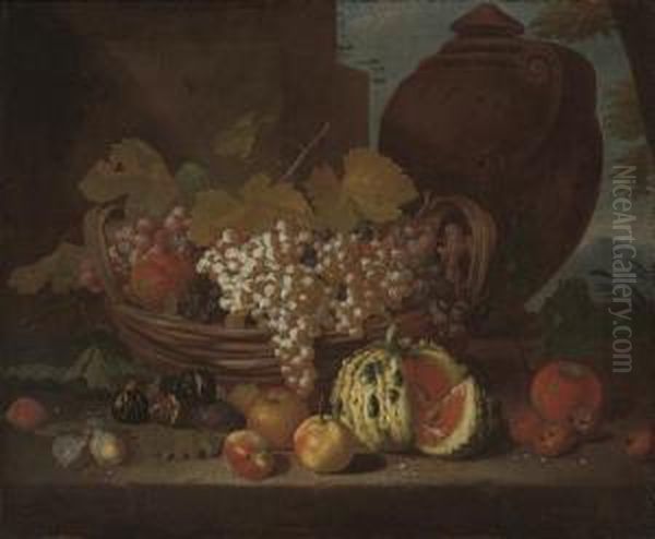 Red And White Grapes On The Vine
 In A Basket, With Peaches, Figs, Plums And A Mellon On A Stone Ledge, 
By A Column And An Urn, A Landscape Beyond Oil Painting by Michele Pace Del (Michelangelo di) Campidoglio