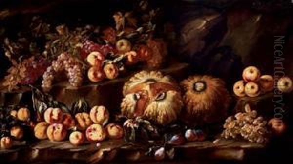 Squash, Peaches, Apples, Grapes And Plums On A Stone Ledge Oil Painting by Michele Pace Del (Michelangelo di) Campidoglio