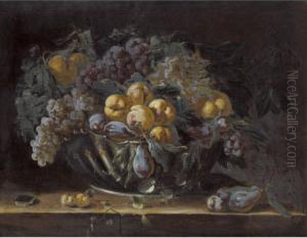 A Still Life Of Plums, Peaches And Grapes In A Silver Bowl Oil Painting by Michele Pace Del (Michelangelo di) Campidoglio