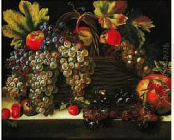 Nature Morte A La Corbeille De Fruits Sur Un Entablement Oil Painting by Michele Pace Del (Michelangelo di) Campidoglio