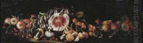 Cherries, Apples, Pears, Peaches, Mushrooms And A Watermelon On Aledge Oil Painting by Michele Pace Del (Michelangelo di) Campidoglio