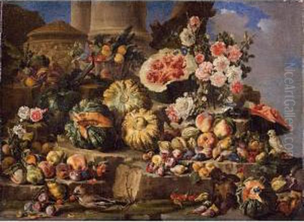 Still Life Of Fruit And Flowers On A Stone Ledge With Birds And A Monkey Oil Painting by Michele Pace Del (Michelangelo di) Campidoglio