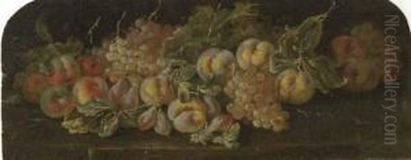 White Grapes, Black Grapes, Peaches, Plums And A Gourd On A Ledge;and Another Similar Oil Painting by Michele Pace Del (Michelangelo di) Campidoglio