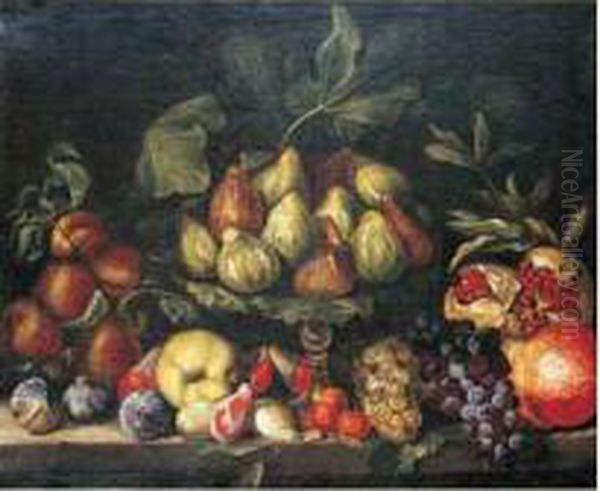 Nature Morte A La Coupe De Figues Et Fruits Sur Un Entablement Oil Painting by Michele Pace Del (Michelangelo di) Campidoglio