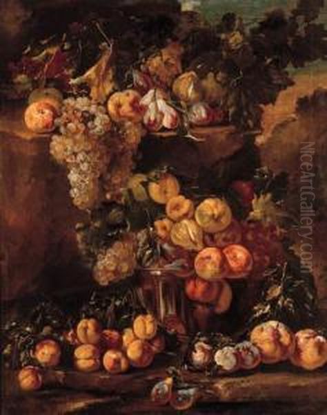 Grapes, Apples, Plums And Figs In A Glass Bowl With Other Fruit Ona Ledge In A Landscape Oil Painting by Michele Pace Del (Michelangelo di) Campidoglio