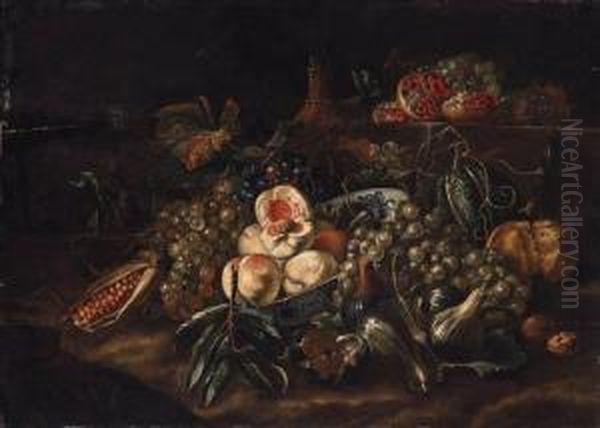 Peaches In A Blue And White Dish
 With Grapes, Figs, Pomegranates,walnuts, Sweetcorn And A Carafe Oil Painting by Michele Pace Del (Michelangelo di) Campidoglio