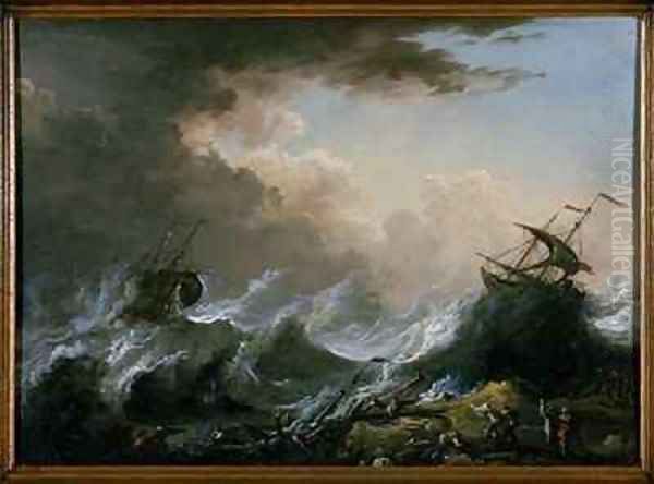 Sea storm and shipwreck Oil Painting by Christian Wilhelm Ernst Dietrich