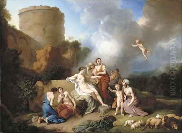 A classical landscape with Venus and Cupid, and attendant nymphs Oil Painting by Christian Wilhelm Ernst Dietrich