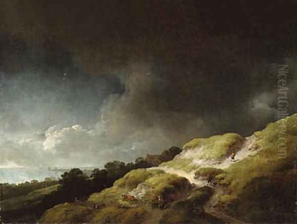 A dune landscape with figures and a cow on a hillside, beneath a stormy sky Oil Painting by Christian Wilhelm Ernst Dietrich