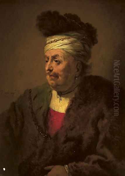 A man wearing a fur headdress and robe Oil Painting by Christian Wilhelm Ernst Dietrich