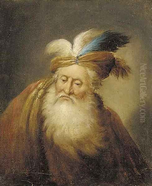 Portrait of an old man, bust-length, with a beard, wearing a turban and a red mantle Oil Painting by Christian Wilhelm Ernst Dietrich