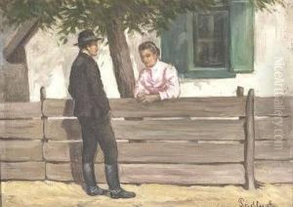 Man And Woman Chatting By A Fence Oil Painting by Aladar Padly