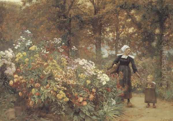 Picking Flowers Oil Painting by Theophile Louis Deyrolle