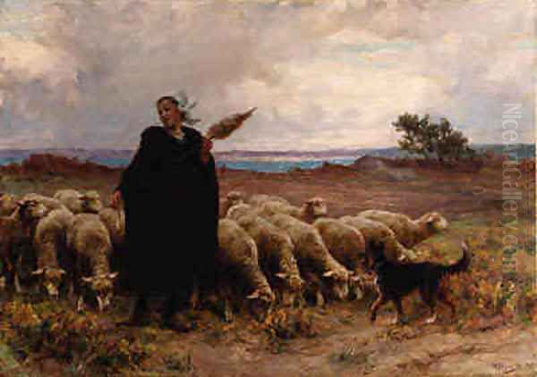 Shepherdess with her Flock Oil Painting by Theophile Louis Deyrolle