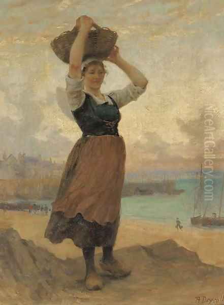 Young woman on the beach Oil Painting by Theophile Louis Deyrolle