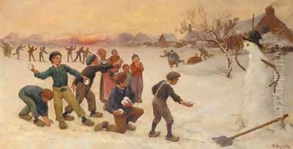 Playing with snowballs Oil Painting by Theophile Louis Deyrolle