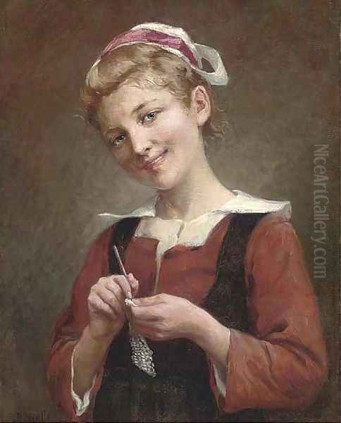 A young girl knitting Oil Painting by Theophile Louis Deyrolle