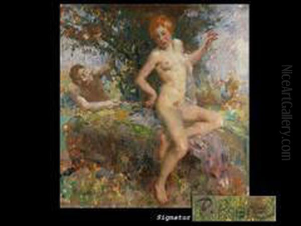 Der Faun Neckt Eine Junge Frau Oil Painting by Paul Paede