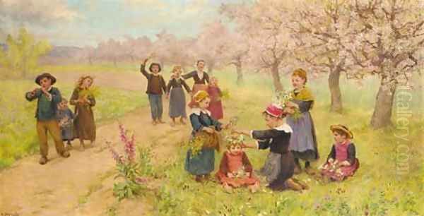 Children gathering spring flowers Oil Painting by Theophile Louis Deyrolle