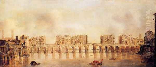 View Of Old London Bridge From The West Oil Painting by Claude De Jongh