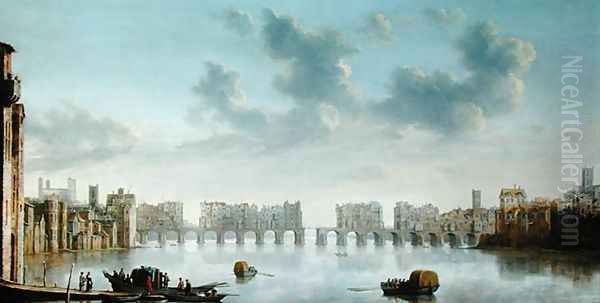 Old London Bridge Oil Painting by Claude De Jongh