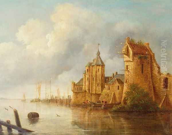 A river landscape with fishermen by a castle Oil Painting by Claude De Jongh