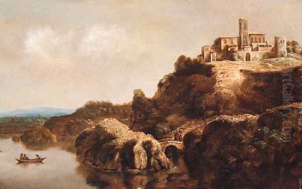 An extensive landscape with a monastery above a river Oil Painting by Claude De Jongh