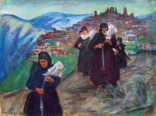 Frauen Mit Baumwollspindeln Vor Einer Akropolis In Griechenland Oil Painting by Paul Paeschke