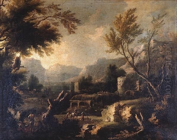 An Extensive Landscape With 
Travellers Before A Farmstead; And A Wooded Landscape With Travellers 
Crossing A Wooden Bridge Oil Painting by Michele Pagano