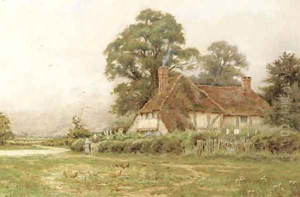 Rural cottage with chickens feeding Oil Painting by Curtius Duassut