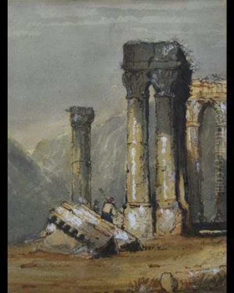 Figure By A Classical Ruin In A Mountain Landscape Oil Painting by William Page