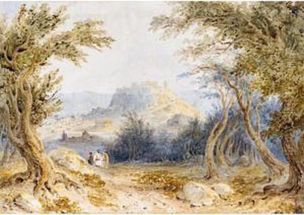 Figures In A Woodland, A View Of Athens Beyond Oil Painting by William Page