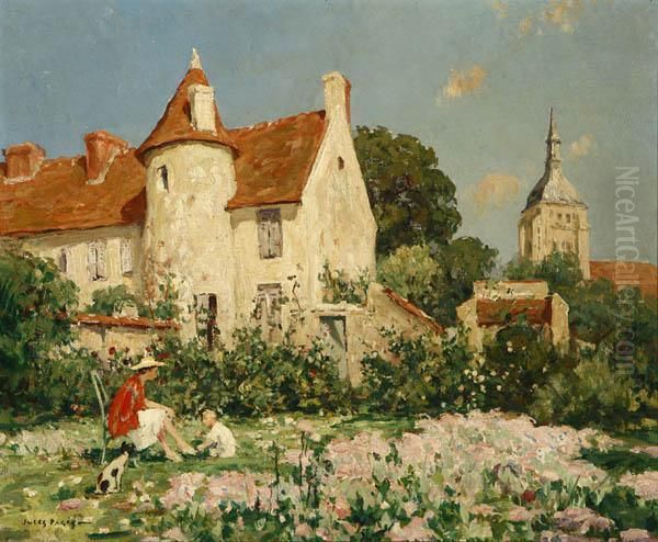 Figures And Dog In A French Chateau Garde Oil Painting by Jules Eugene Pages