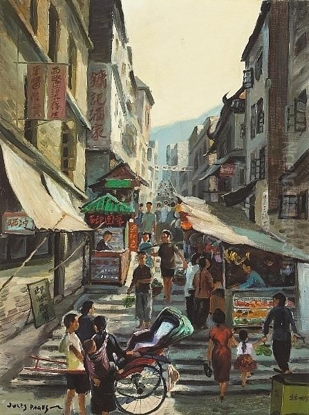 Chinatown Street Scene Oil Painting by Jules Eugene Pages