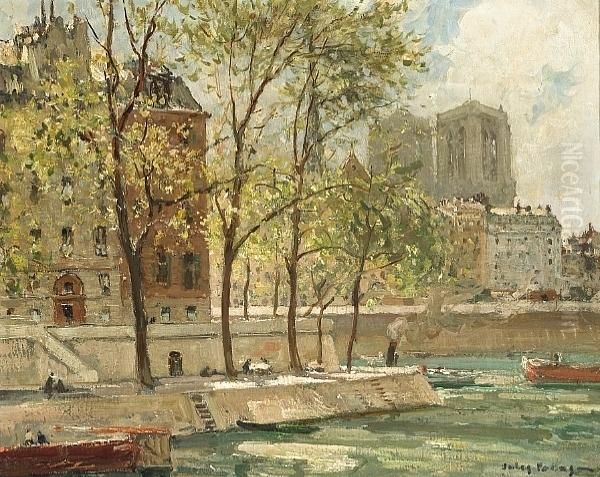 View Along The Seine Oil Painting by Jules Eugene Pages