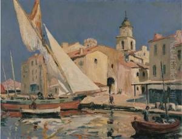 Boats At St. Tropez Oil Painting by Jules Eugene Pages