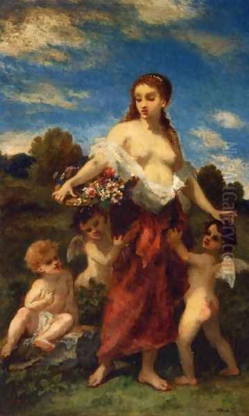 Mythological Woman with Puttis Oil Painting by Narcisse-Virgile Diaz de la Pena