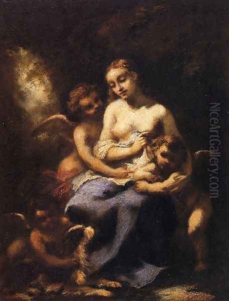 Young Nymph and Three Cupids Oil Painting by Narcisse-Virgile Diaz de la Pena