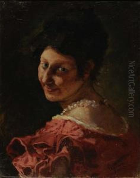 Giovane Donna In Abito Rosa Oil Painting by Eleuterio Pagliano