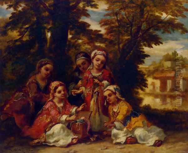 Enfants turcs:cinq fillettes jouant a l'ombre de grands arbres Oil Painting by Narcisse-Virgile Diaz de la Pena