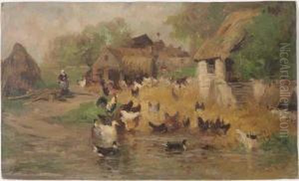 Poules Et Canards Dans Une Cour Deferme Oil Painting by Edouard Pail